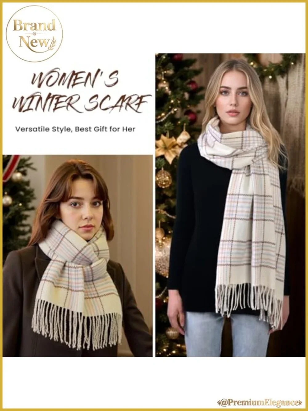 Women's Winter Scarf Warm Plaid Pashmina Shawl Wrap Polyester